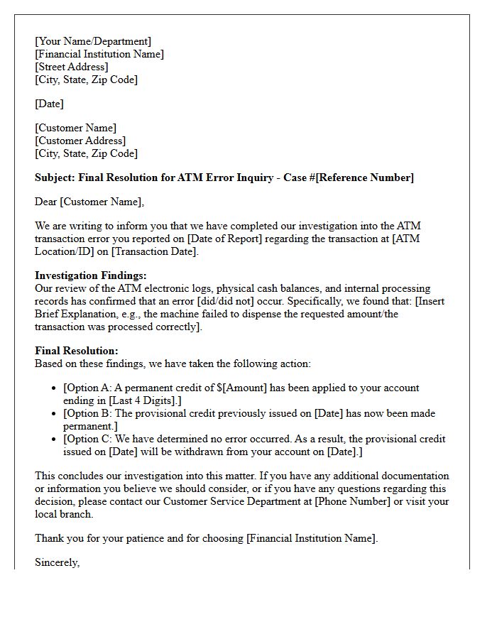 Final Resolution for Automated Teller Machine Error Inquiry Letter