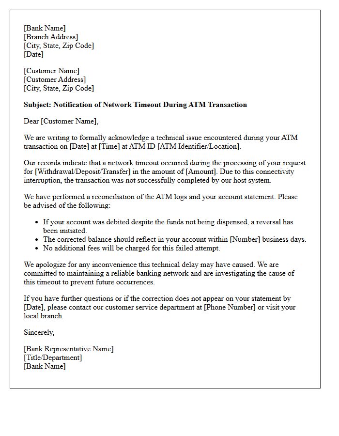 Network Timeout During Automated Teller Machine Transaction Response Letter