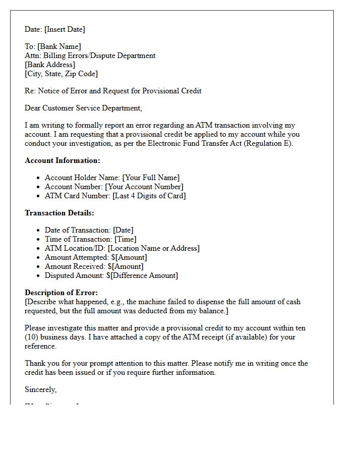 Provisional Credit for Automated Teller Machine Error Letter