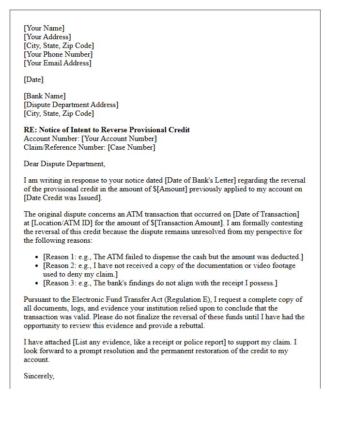 Provisional Credit Reversal for Automated Teller Machine Dispute Letter