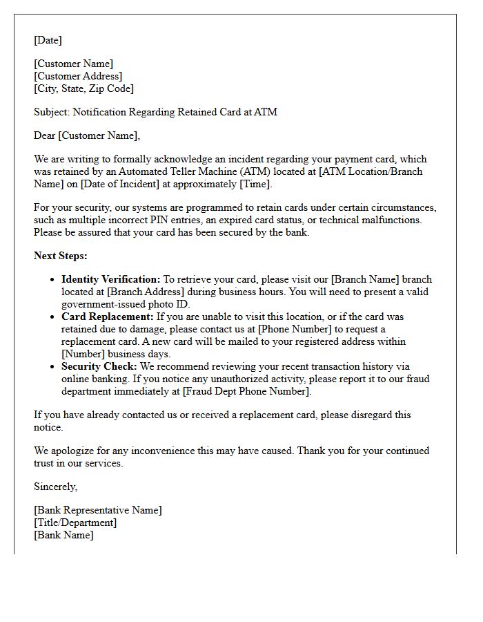 Retained Card at Automated Teller Machine Incident Response Letter