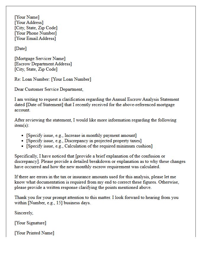 Annual Escrow Analysis Statement Clarification Letter