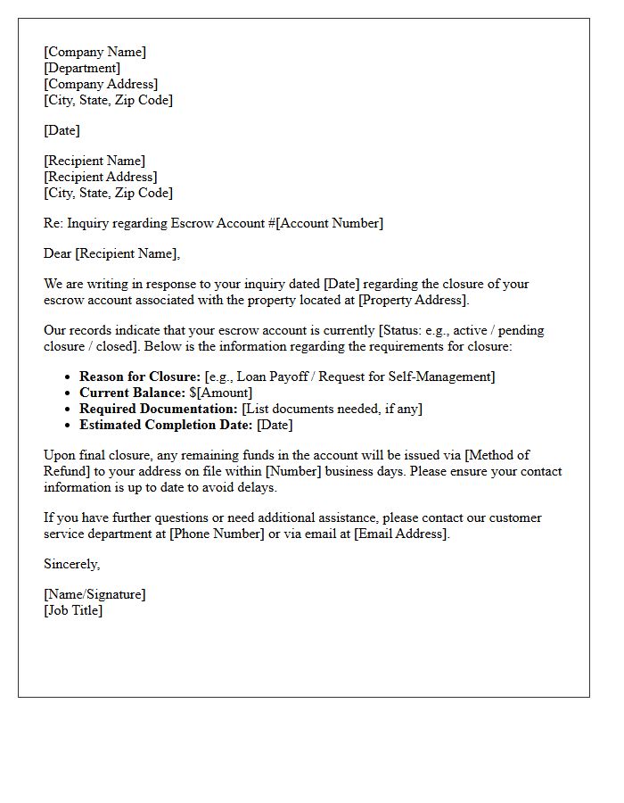 Escrow Account Closure Inquiry Response Letter