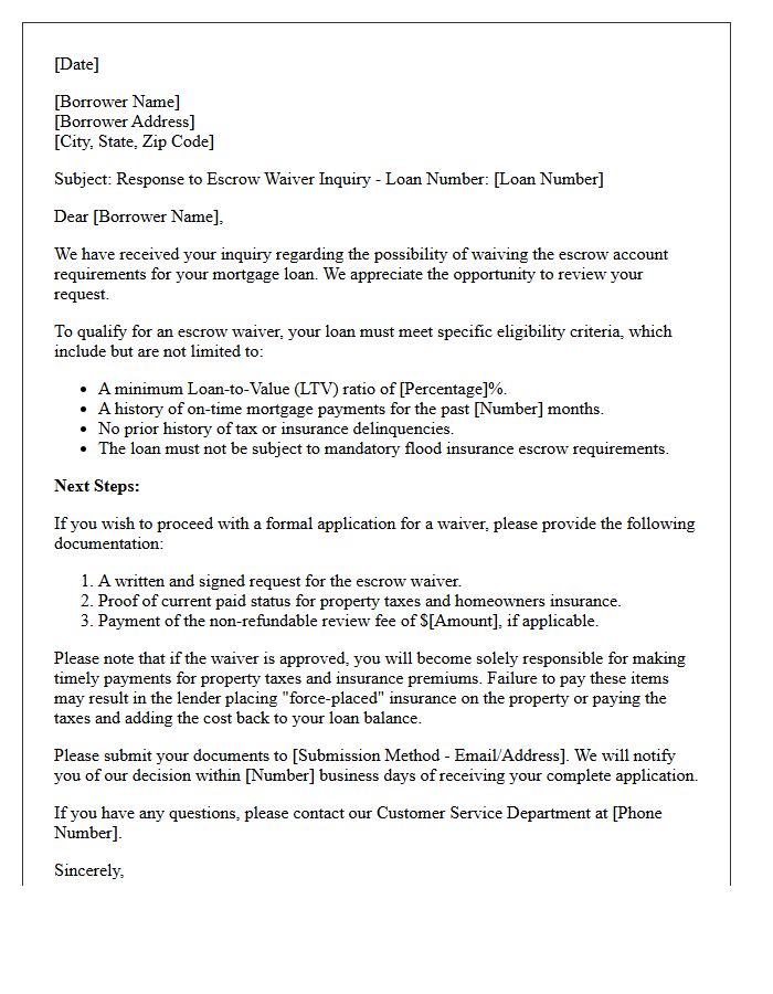 Escrow Account Waiver Inquiry Response Letter