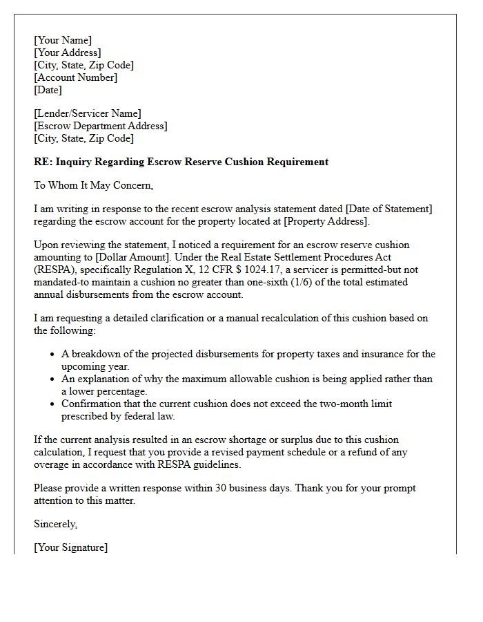 Escrow Reserve Cushion Requirement Response Letter
