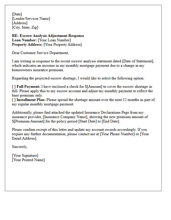 Insurance Premium Adjustment Escrow Response Letter