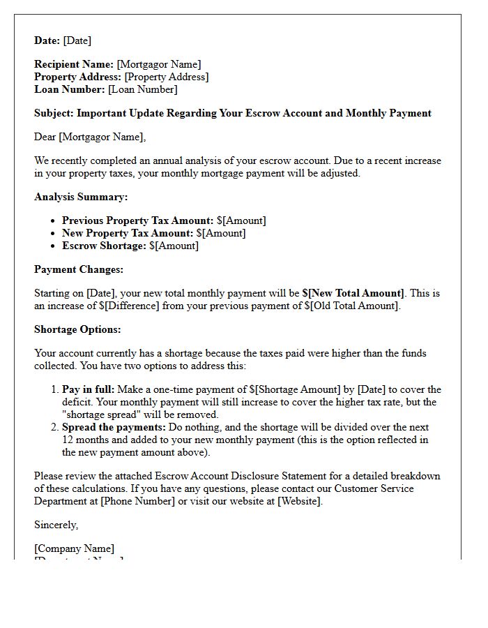 Property Tax Increase Escrow Analysis Letter