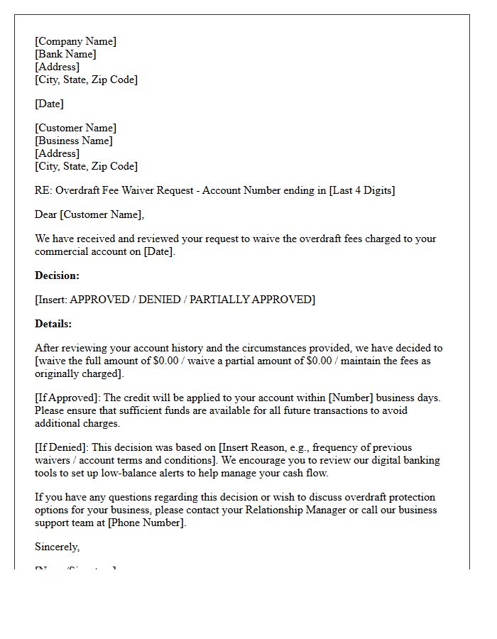 Commercial Account Overdraft Fee Waiver Decision Letter