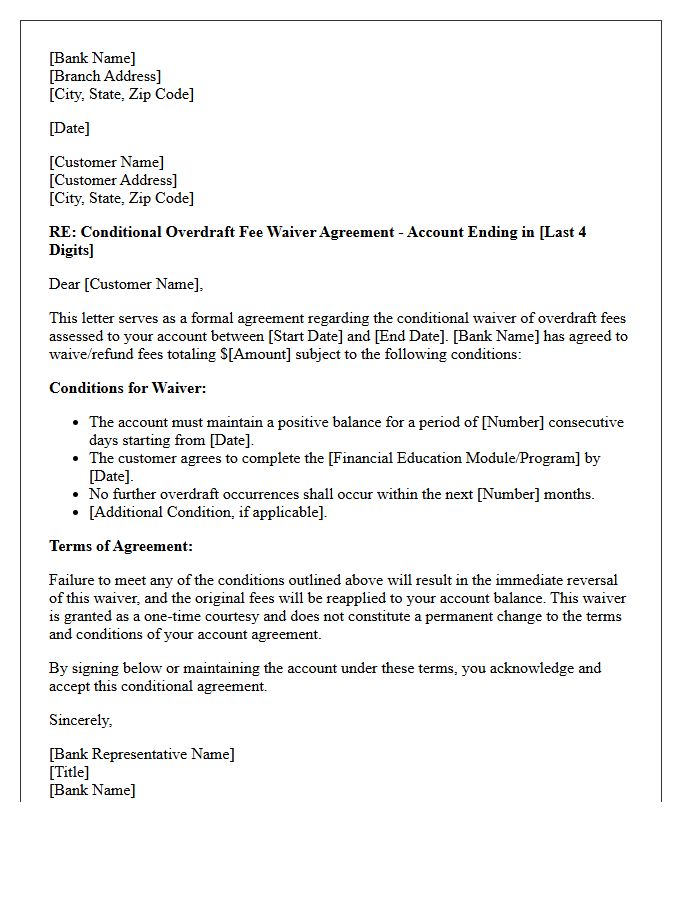 Conditional Overdraft Fee Waiver Agreement Letter