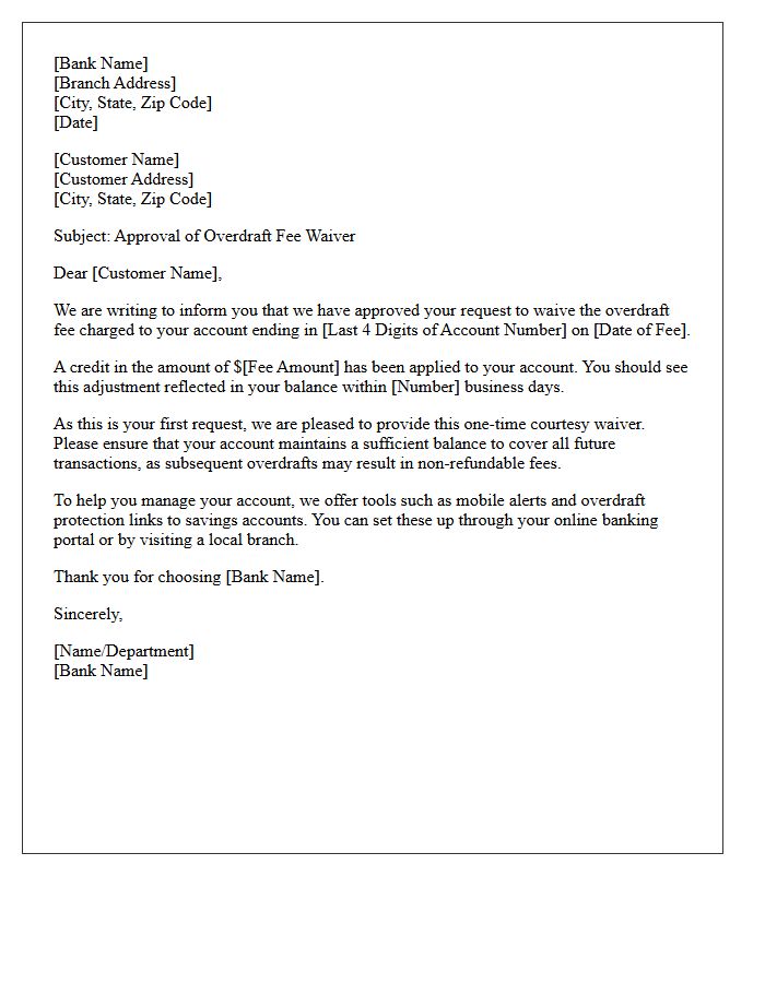 First Time Overdraft Fee Waiver Approval Letter