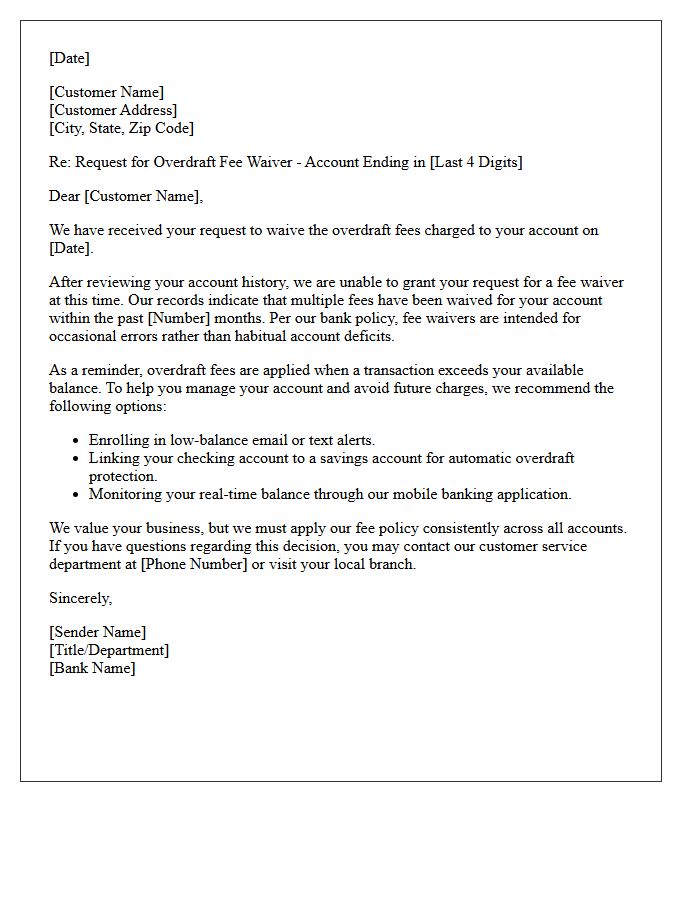 Habitual Overdraft Fee Waiver Rejection Letter