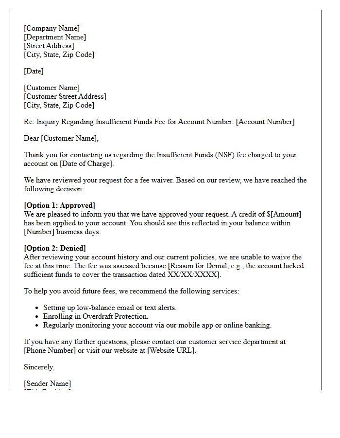 Insufficient Funds Fee Waiver Inquiry Response Letter