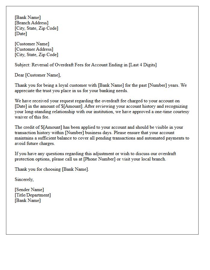 Loyal Customer Overdraft Fee Waiver Concession Letter