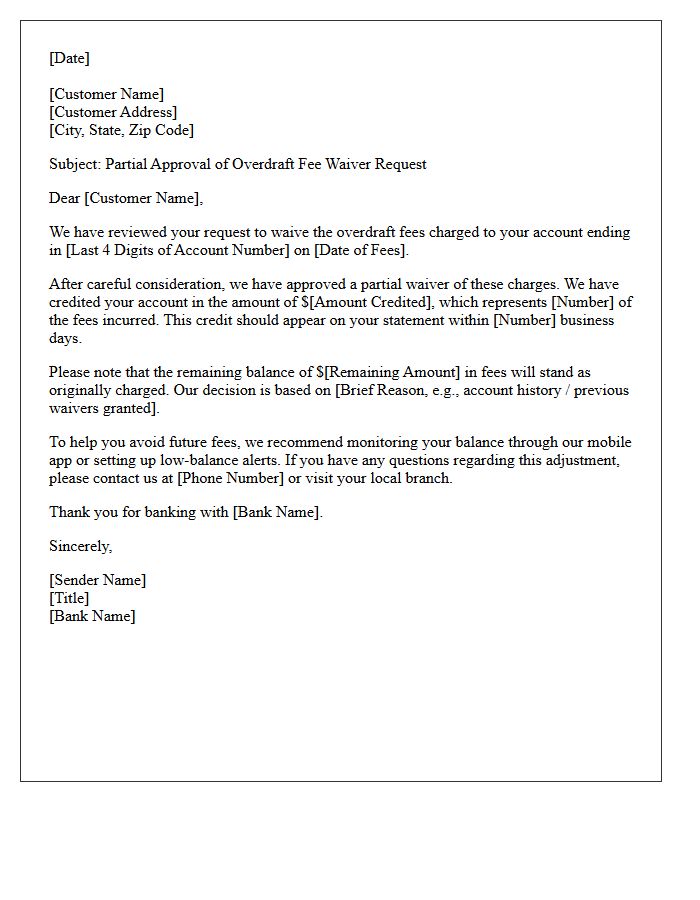 Partial Overdraft Fee Waiver Approval Letter