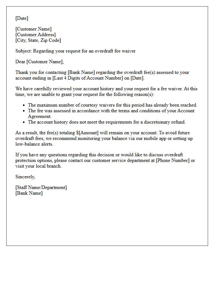 Standard Overdraft Fee Waiver Denial Letter