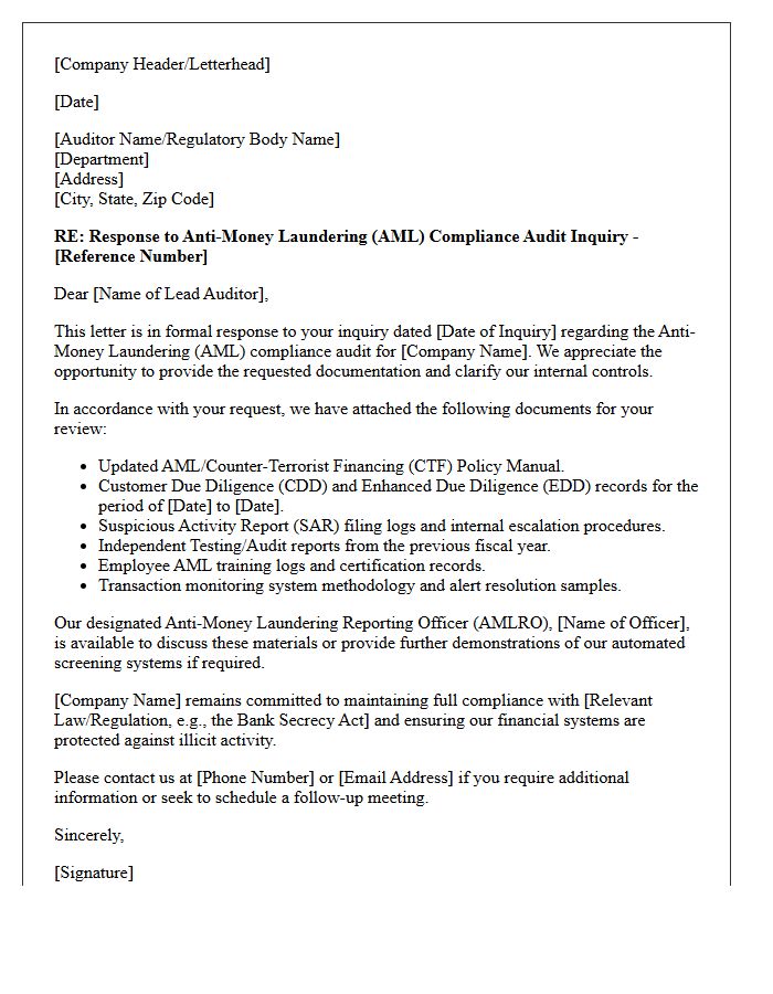 Anti-Money Laundering Compliance Audit Inquiry Response Letter