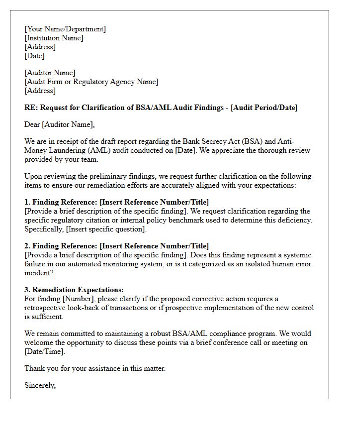 Bank Secrecy Act Audit Findings Clarification Letter