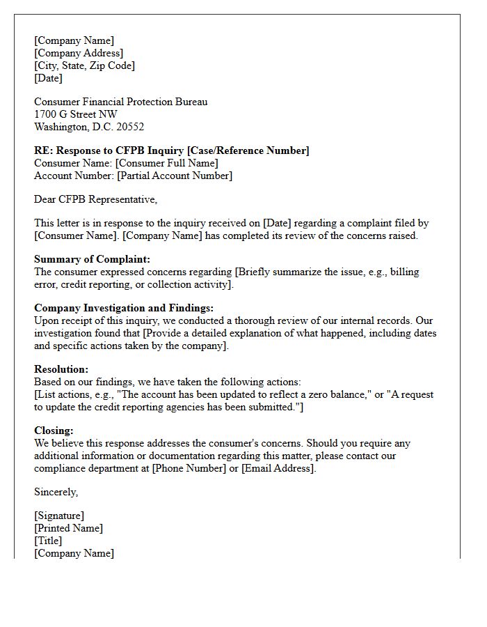 Consumer Financial Protection Bureau Inquiry Response Letter