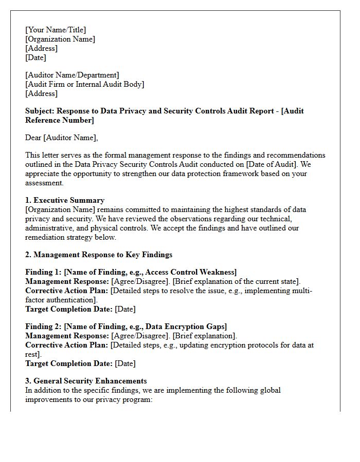 Data Privacy Security Controls Audit Response Letter