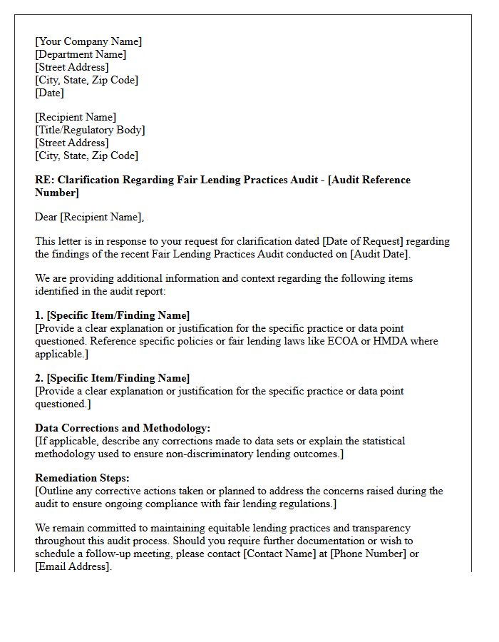 Fair Lending Practices Audit Clarification Letter