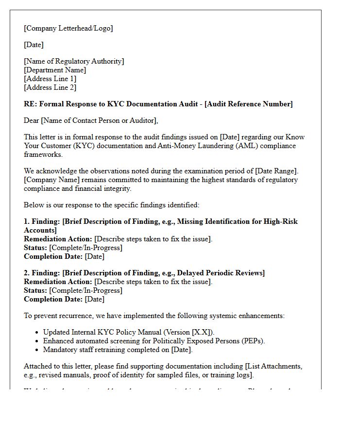 Know Your Customer Documentation Regulatory Audit Response Letter