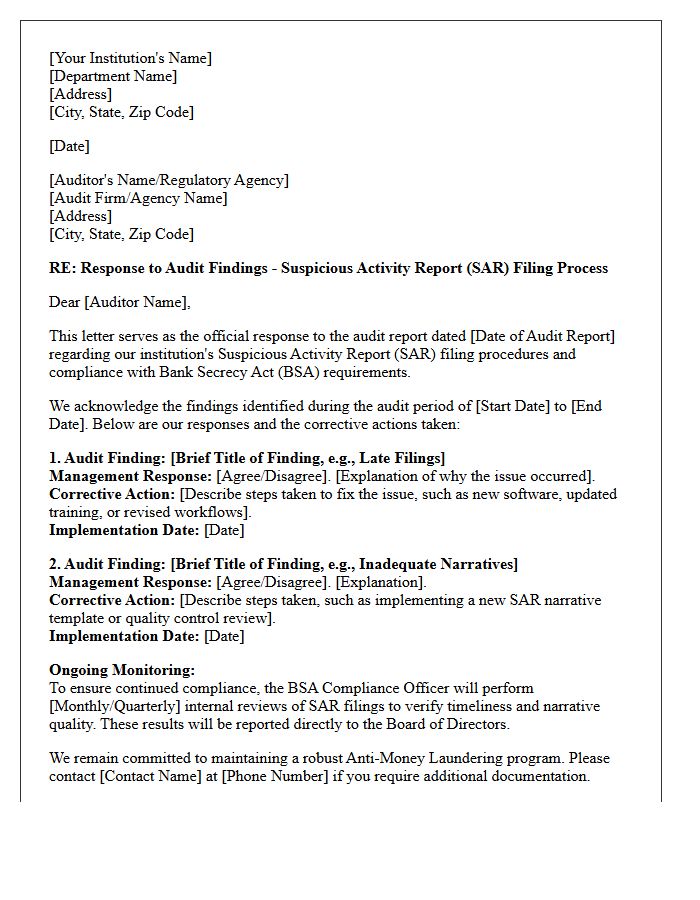 Suspicious Activity Report Filing Audit Response Letter
