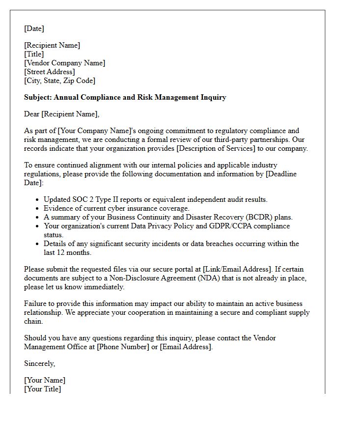 Third-Party Vendor Management Compliance Inquiry Letter
