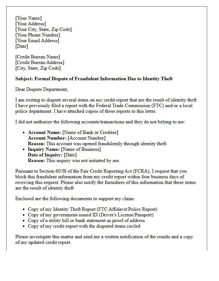 Credit Bureau Identity Theft Dispute Resolution Letter