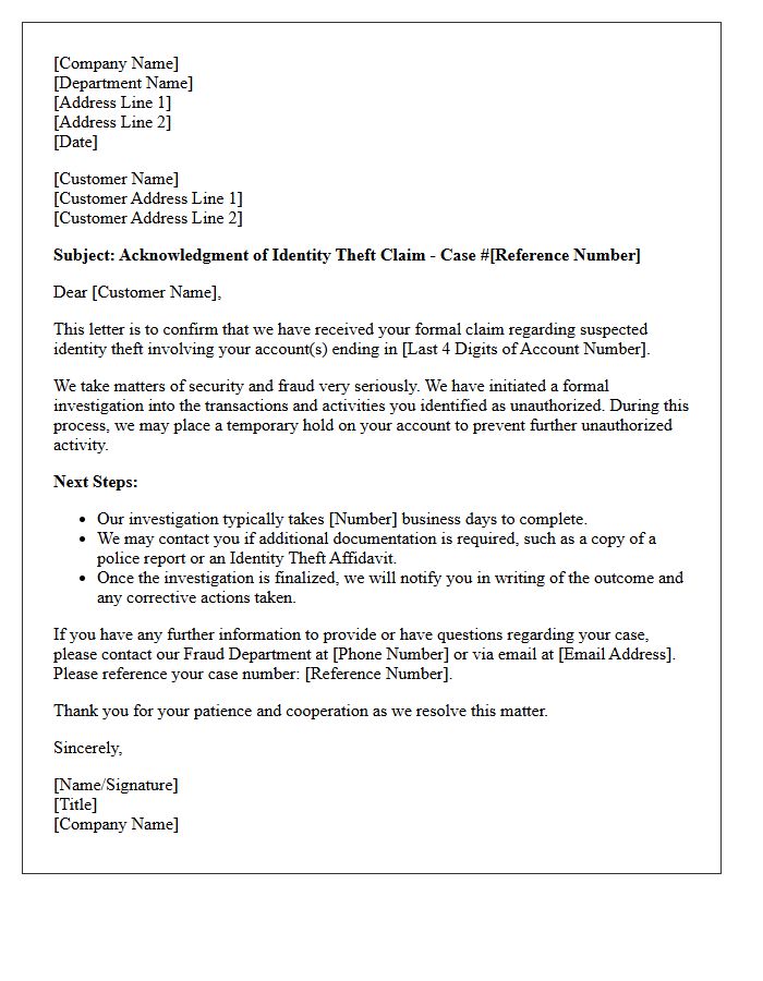 Identity Theft Claim Acknowledgment Letter
