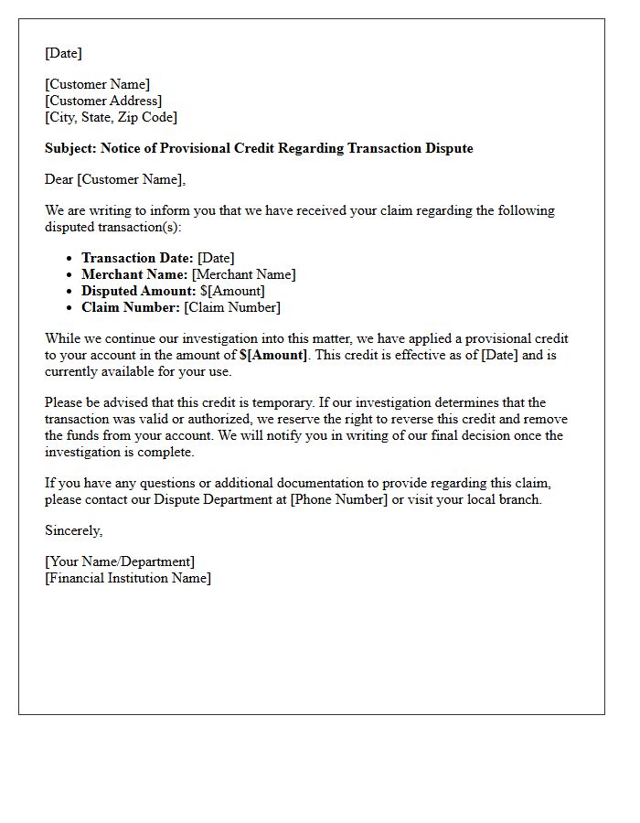Provisional Credit Issuance Notification Letter