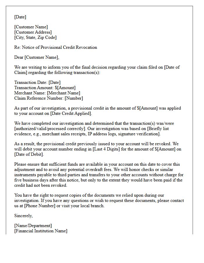 Provisional Credit Revocation Notice Letter