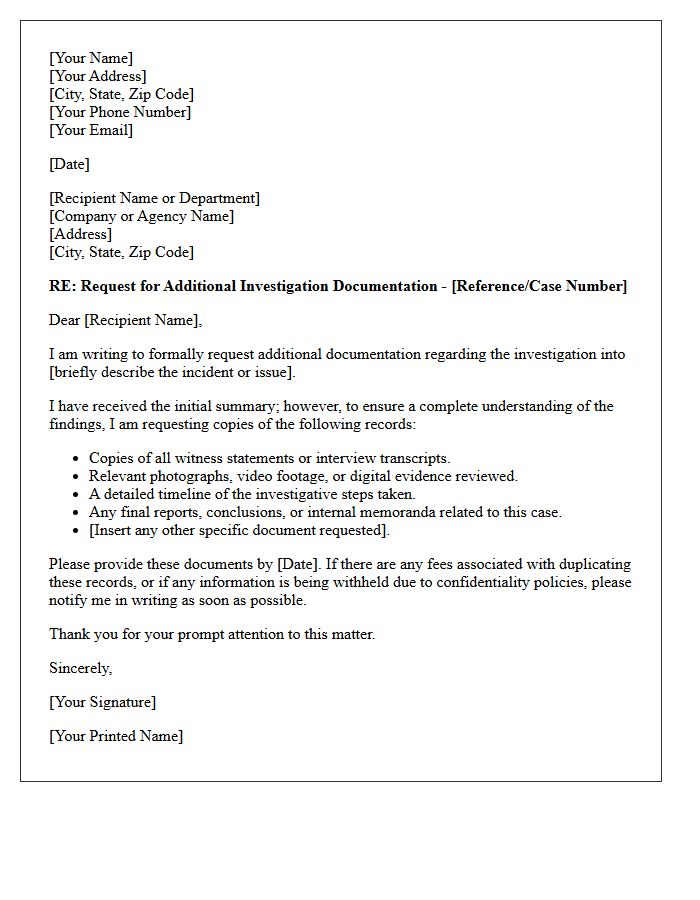 Request For Additional Investigation Documentation Letter