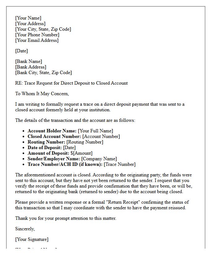 Closed Account Direct Deposit Return Trace Letter