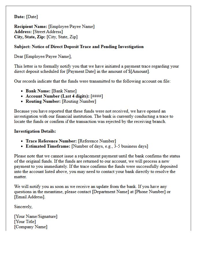 Direct Deposit Trace Pending Investigation Notice Letter