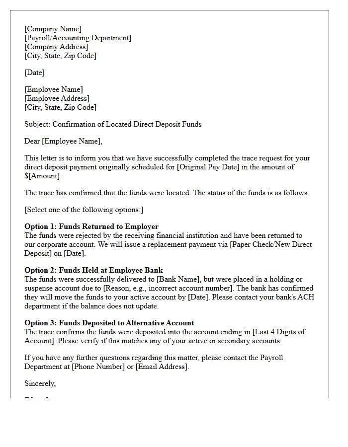 Direct Deposit Trace Successful Funds Located Response Letter