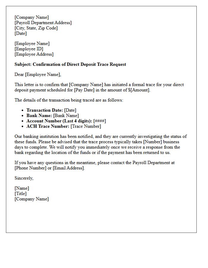 Employer Payroll Direct Deposit Trace Confirmation Letter