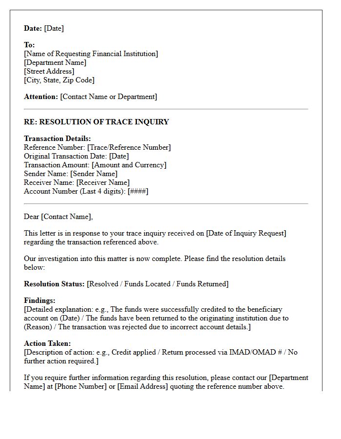 External Financial Institution Trace Inquiry Resolution Letter