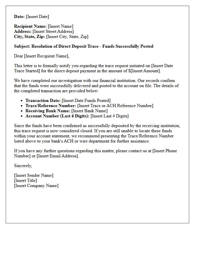 Funds Successfully Posted Direct Deposit Trace Resolution Letter