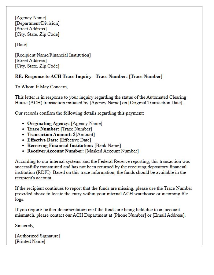 Government Agency ACH Trace Inquiry Response Letter