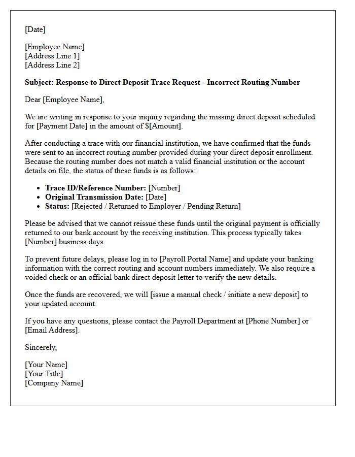Incorrect Routing Number Direct Deposit Trace Response Letter