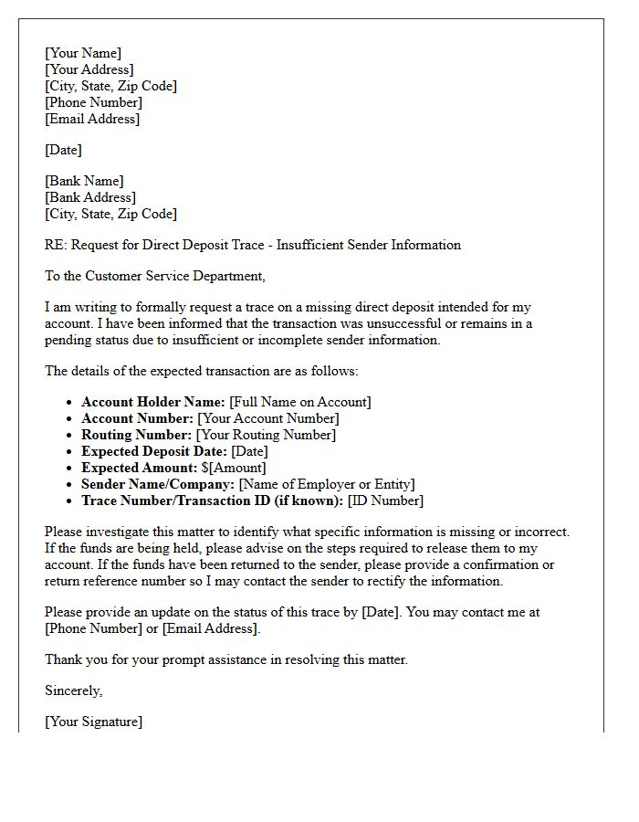 Insufficient Sender Information Direct Deposit Trace Letter