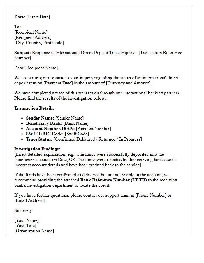 International Direct Deposit Trace Inquiry Response Letter