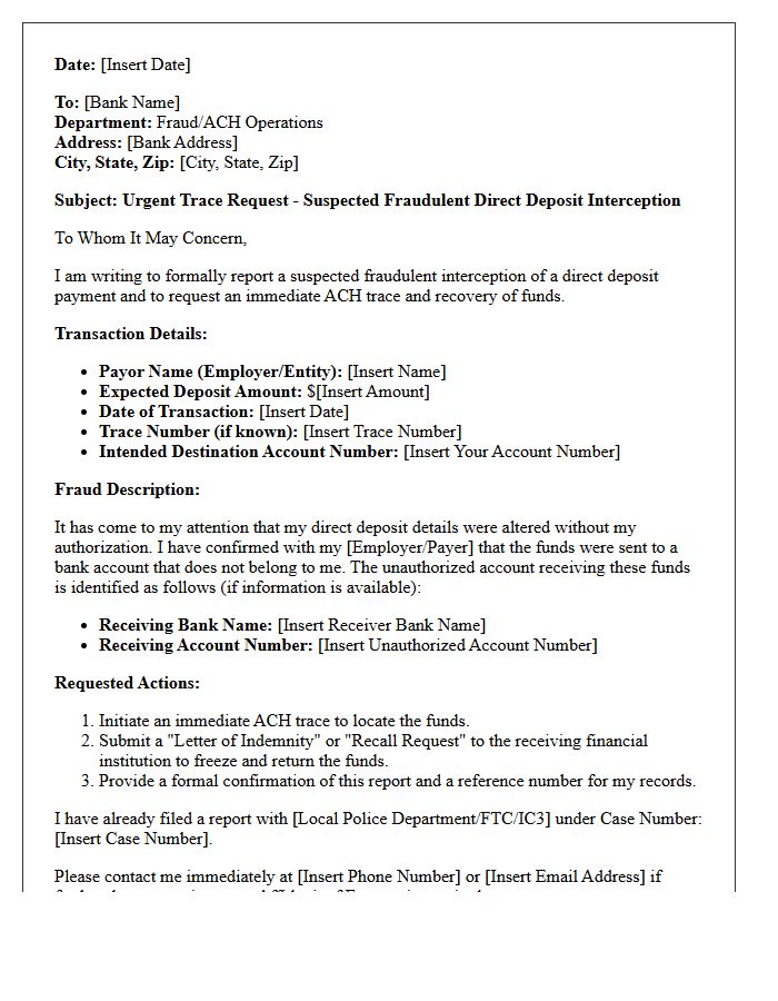 Suspected Fraud Direct Deposit Interception Trace Letter