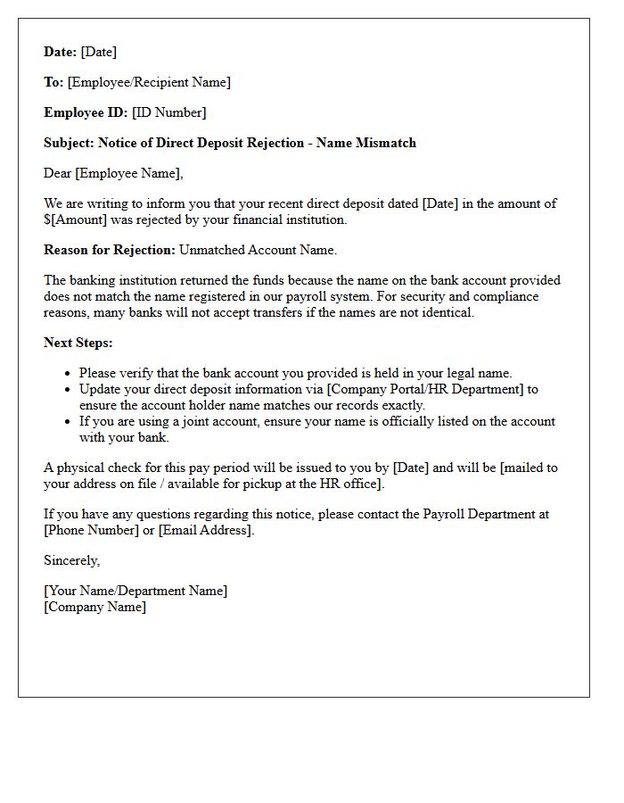 Unmatched Account Name Direct Deposit Rejection Letter