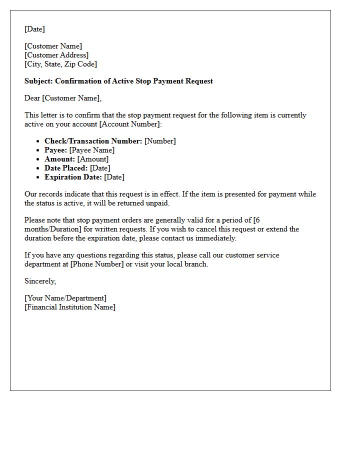 Active Stop Payment Status Response Letter
