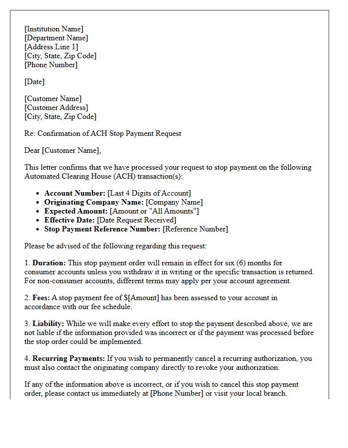 Automated Clearing House Stop Payment Response Letter