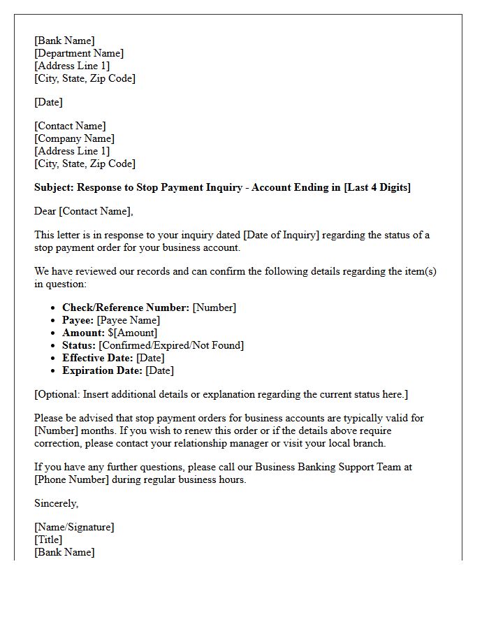 Business Account Stop Payment Inquiry Response Letter