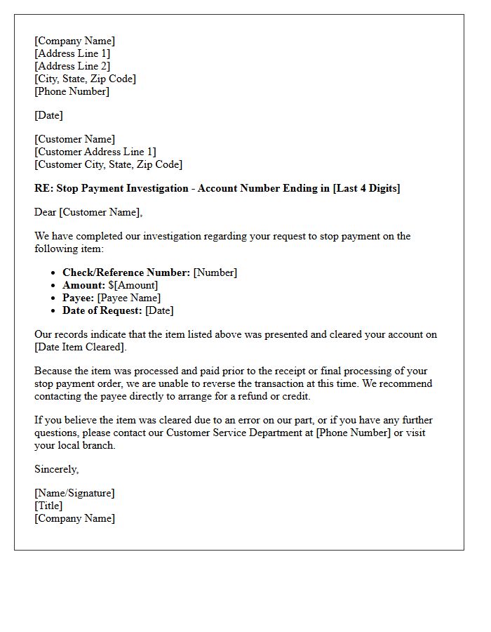 Cleared Item Stop Payment Investigation Response Letter