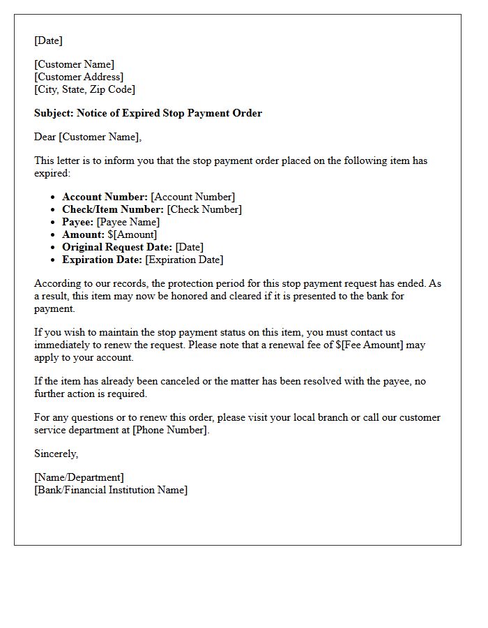 Expired Stop Payment Order Notification Letter
