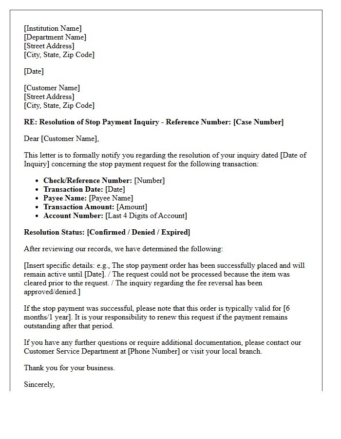 Official Stop Payment Inquiry Resolution Letter